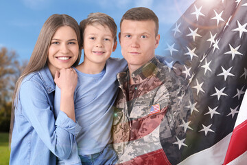 Wall Mural - military man and his family outdoors, double exposure with national flag of usa