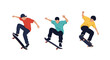 © Asif - Three skateboarders performing tricks in mid-air.