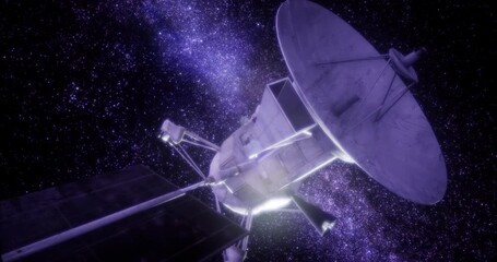 A spacecraft travels through the depths of space, surrounded by a colorful array of stars and cosmic dust. Its mission likely involves scientific research and discovery.