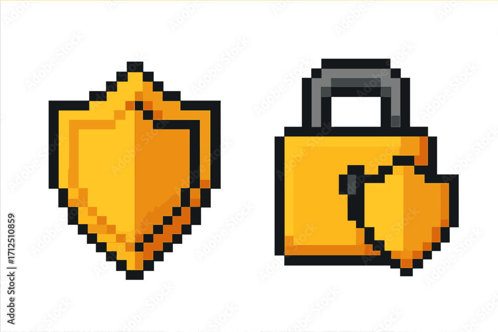 Vector de Stock Pixel art security icon set. Vector 8-bit shield and ...