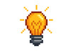 © Shania - Pixel art light bulb icon. 8-bit retro gaming style graphic. Concept of idea, creativity, innovation, solution, and inspiration. Shiny electric lamp symbol for energy and power. Vector.