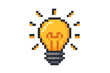 © Shania - Pixel art light bulb icon. 8-bit retro game style symbol of idea, creativity, innovation. Solution and insight concept. Electric lamp glowing. Think brainstorming vector.