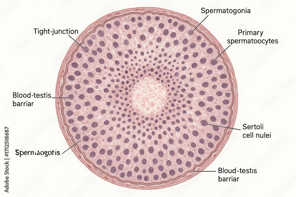 Anatomical diagram of a testis cross-section, showing different cell ...