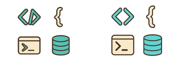 Programming code symbols, curly braces, terminal, and database icons representing software development, data management, and technology concepts