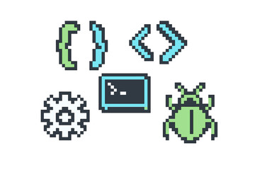 Wall Mural - Set of pixel art style programming and development icons including braces, brackets, terminal, gear, and bug symbols