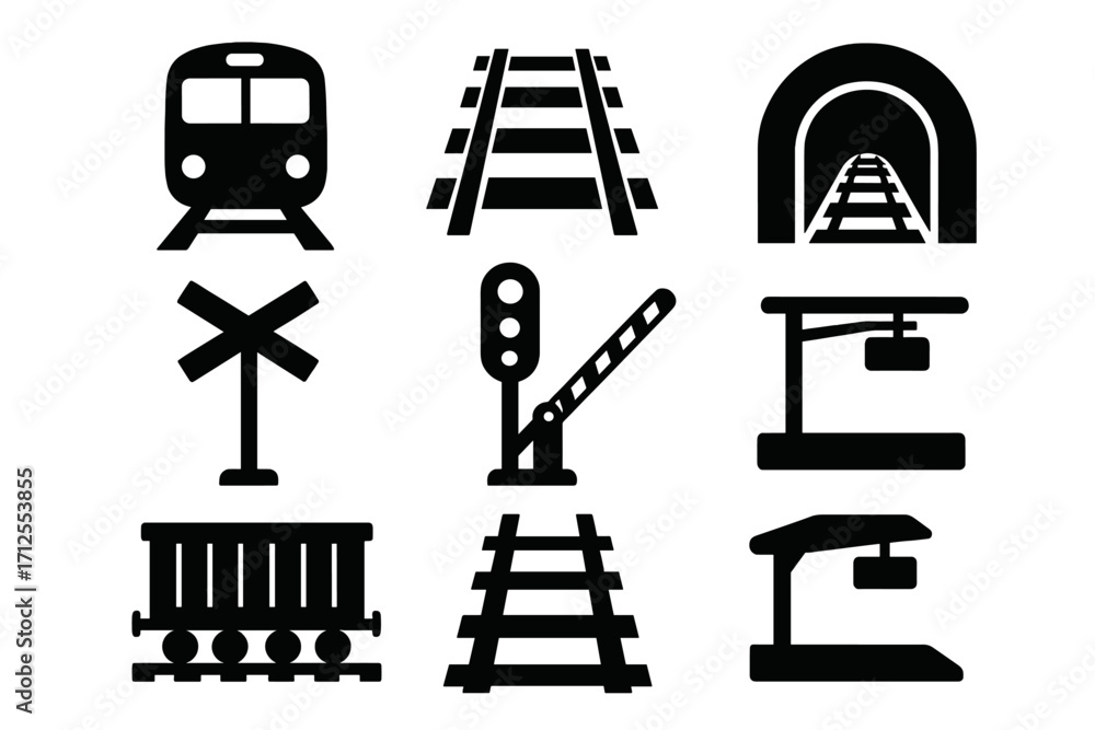 Vector de Stock Railway icon set. Train and railroad silhouette ...
