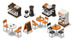 © Ophelia - Isometric coffee shop elements with tables, chairs, and equipment for cafes