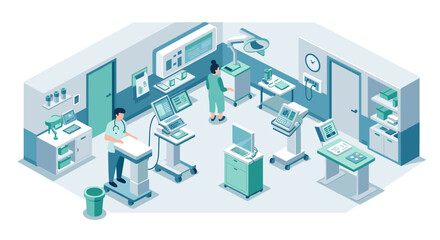 Modern isometric medical office with professionals and advanced equipment