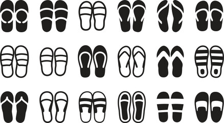 Collection of black and white flip flop sandal illustrations in various styles