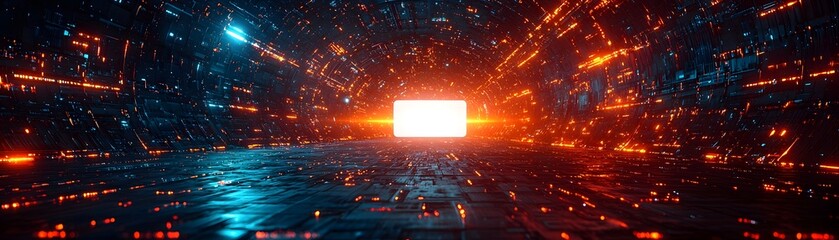 Wall Mural - abstract futuristic digital tunnel with vibrant glowing blue and orange lights leading to a bright w