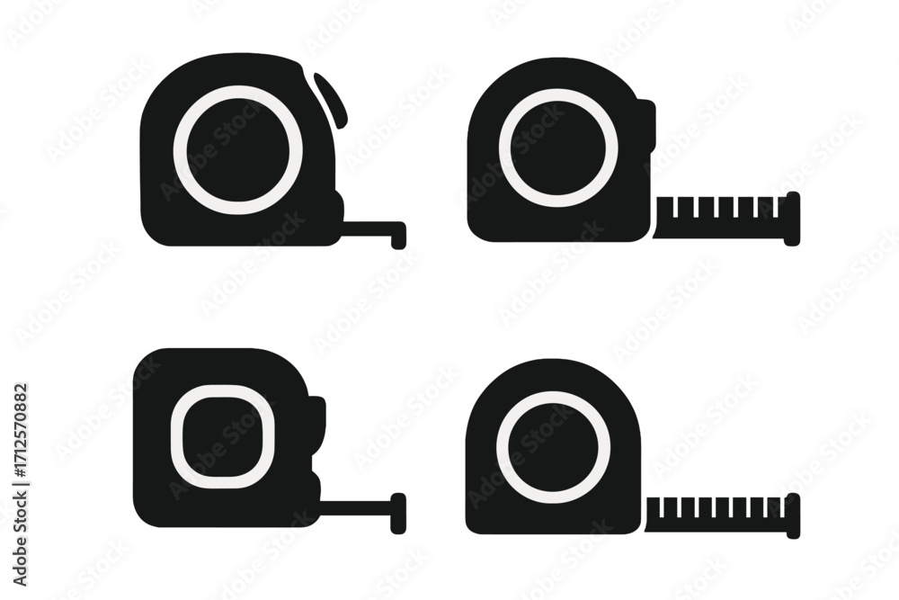 Set of minimalist black silhouette measuring tape icons, vector cartoon ...