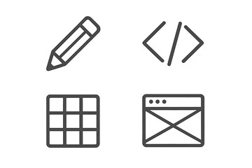 Minimalist web design icons set with pencil, coding symbols, grid layout, wireframe window, vector illustration for UI UX, creative design, digital development tools