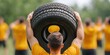 © Uro - A person lifts a tire in a fitness training session outdoors, surrounded by individuals in the background, all wearing matching yellow shirts.
