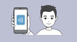 © Alena - Cartoon of man showing smartphone with file transfer icon. File transfer on smartphone illustrated with simple cartoon man holding cell phone to display process, for informational needs.
