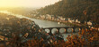 View on the Old Bridge in Heidelberg, Germany. A panoramic cityscape with the Neckar river and the historic downtown Altstadt.
