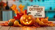 © Top_Stock - Hello October 2025 Festive Pumpkins and Autumn Leaves Decorating a Rustic Wooden Table.