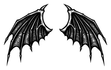 Wall Mural - stylized devil creature wings pair black and white outline line art drawing graphic engraving illust