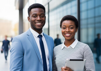 a young black man and woman stand side-by-side, smiling directly at the viewer in a medium shot