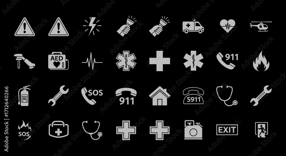 Emergency Services Icons Set Safety First Aid Fire Rescue Medical Help ...
