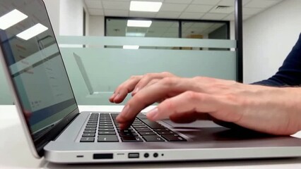 Close-up of hands typing fast on a laptop keyboard in a modern office, focus on productivity and speed
