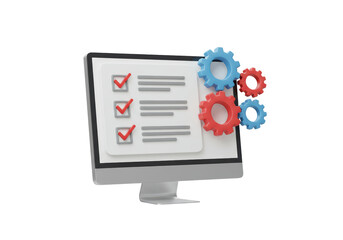 Isolated computer monitor showing checkmarks with gears, symbol of automation and operation