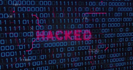 Wall Mural - Displaying red neon HACKED text glowing in digital interface, with binary digits and circuit traces