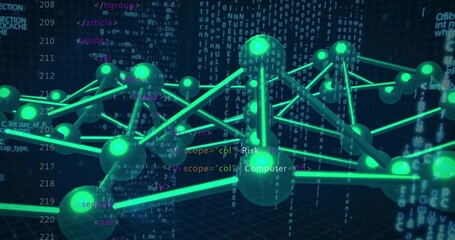 Wall Mural - Rendering 3D net of neon green spheres and rods over grid plane code backdrop, cascading characters