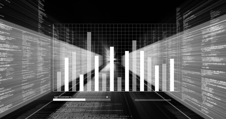 Wall Mural - Displaying monochrome 3D bar chart converging on grid in technical dashboard, with code panels