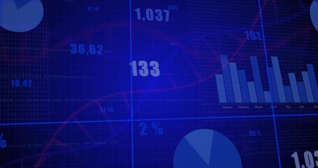 Wall Mural - Abstract dashboard showing on screen, with red line graph bar chart pie slices and numeric overlays