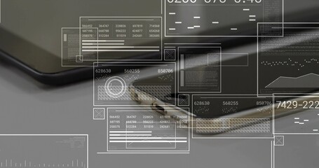 Wall Mural - Showing laptop with wooden pencil resting diagonally on keyboard at desk, with data panels