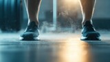 A close-up of a person's feet in athletic shoes, lifting weights, with steam rising from the ground, highlighting an intense workout atmosphere.