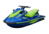 Isolated personal watercraft a blue and green motorized recreation water vehicle in studio shot
