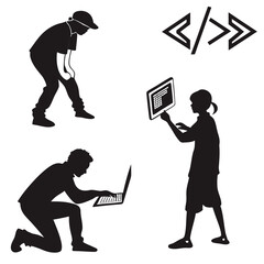 Illustration depicting silhouettes of children and adults engaged in coding activities, including using laptops, tablets, and monitors