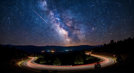 Night Sky Milky Way over Winding Road.