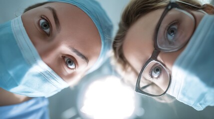 Wall Mural - a low-angle close-up shows the focused eyes of two female surgeons wearing surgical masks and caps in an operating room setting.