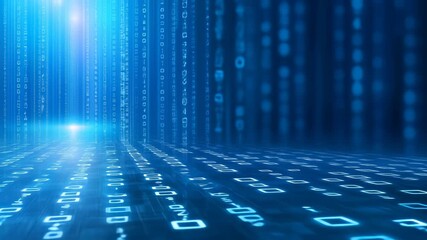 Abstract technological background with glowing blue binary code, digital streams representing technological innovation, connectivity, and data flow.