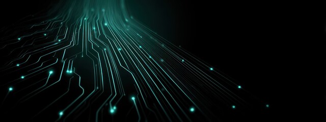 Digital circuit lines glow in dark background with luminous dots moving