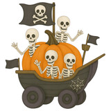 Spooky halloween pumpkin vessel with cheerful skeleton crew waving from wooden cart styled like pirate vehicle