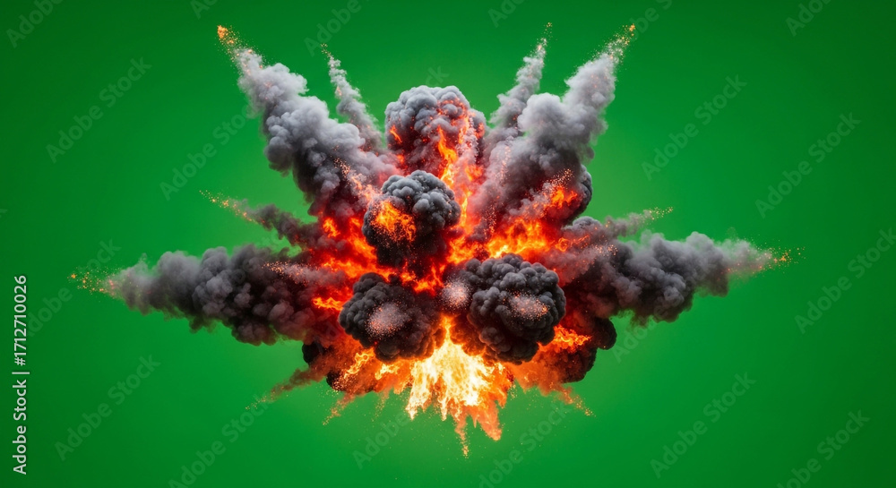Dramatic explosion with fire and smoke against green screen, perfect ...