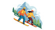 © meeblues - Flat style illustration of a couple snowboarding down a mountain slope, enjoying winter sports, adventure, and outdoor fun in a scenic snowy landscape with pine trees and peaks
