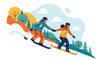 © meeblues - Flat style illustration of a couple snowboarding down a mountain slope, enjoying winter sports, adventure, and outdoor fun in a scenic snowy landscape with pine trees and peaks