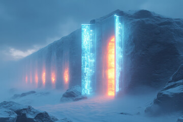 Wall Mural - Light emanates from a large building.