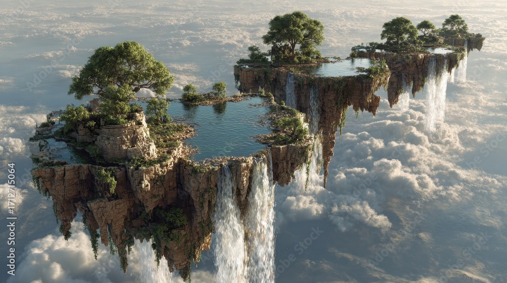 Surreal floating islands with lush trees and cascading waterfalls above ...