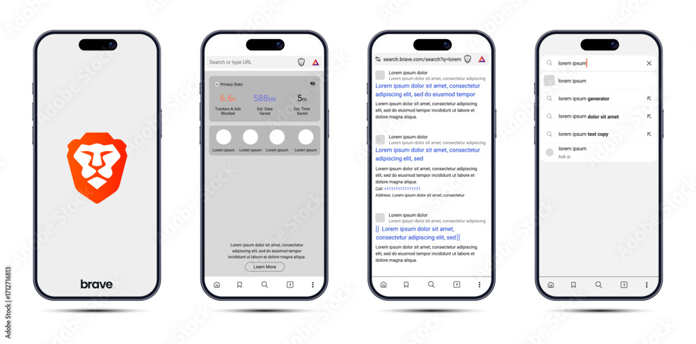 Brave browser mobile UI mockup with search interface, Brave privacy ...