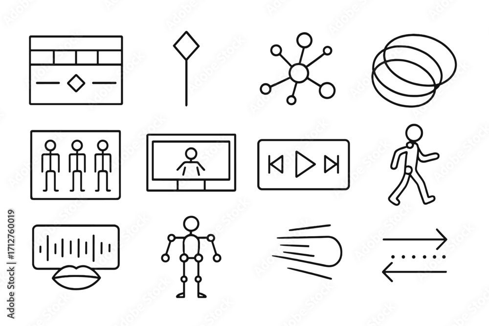 Animation Tools Icons. Line style icons of animation: timeline panel ...