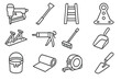 © VideoHub - Roofing Tools Icons. Line style icons of roofing tools: roofing nailer, shingle remover, ladder icon, harness anchor, roof