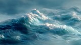 Dynamic deep blue ocean waves surge and break creating dramatic white foam and spray under a moody atmospheric sky symbolizing nature s immense power and wildness