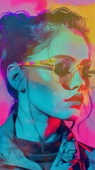 Wall Mural - A young woman with a vibrant and contemporary style, wearing futuristic glasses and striking makeup.