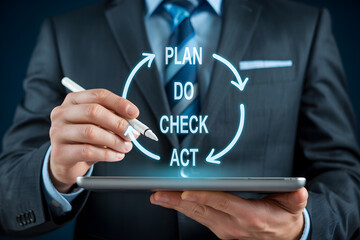 Businessman using tablet displays plan do check act cycle for business process improvement strategy