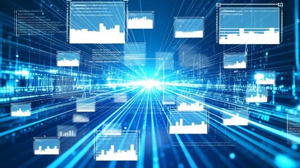Blue digital data grid simulation with hud interface and abstract ai background perfect for futuristic motion design and tech animation